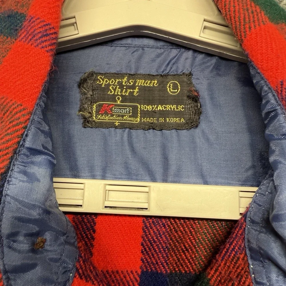 VTG Kmart Sportsman Shirt L Red Green Plaid Quilted Flannel Korea Made 70s 80s - Picture 3 of 9